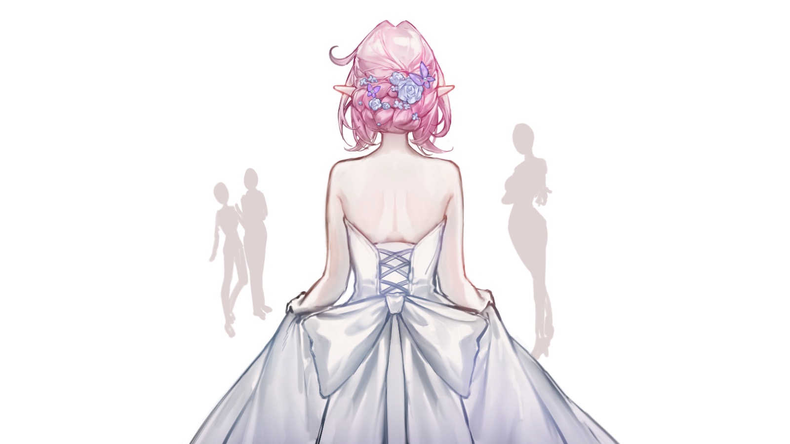 seawave02974, elysia (honkai impact), honkai (series), honkai impact 3rd, chinese commentary, commentary request, highres, procreate (medium), 1girl, 4girls, back, backless dress, backless outfit, dress, elf, flower, from below, hair flower, hair ornament, multiple girls, pink hair, pointy ears, short hair, simple background, solo focus, teeth, white background, white dress
