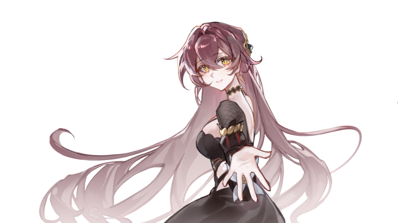 seawave02974, eden (honkai impact), honkai (series), honkai impact 3rd, chinese commentary, commentary request, highres, procreate (medium), 1girl, black dress, breasts, brown hair, dress, from side, large breasts, looking at viewer, reaching, reaching towards viewer, simple background, solo, white background, yellow eyes