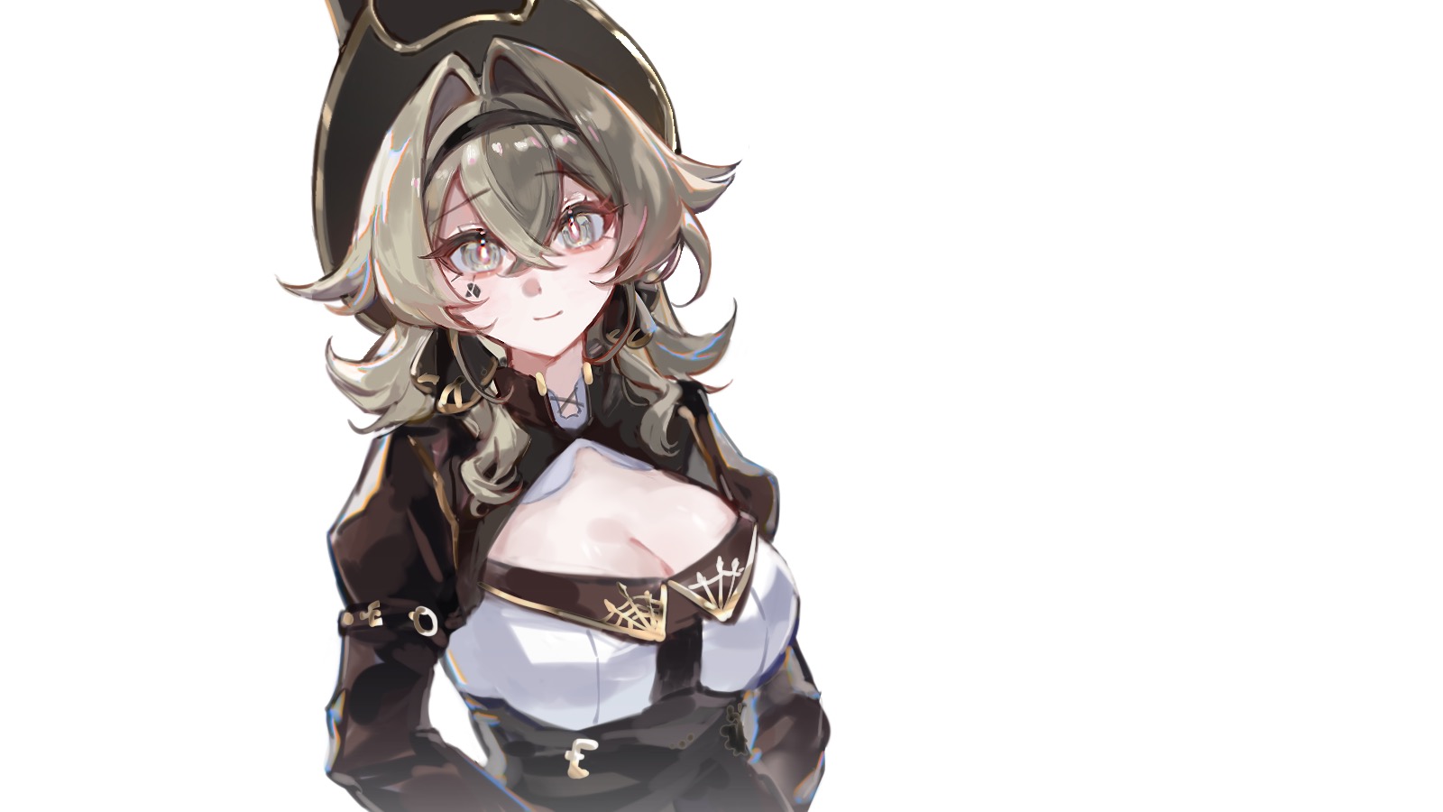 seawave02974, vill-v, honkai (series), honkai impact 3rd, chinese commentary, commentary request, highres, procreate (medium), 1girl, black hairband, breasts, brown corset, brown hair, brown shrug, cleavage, corset, grey eyes, hair intakes, hairband, hat, large breasts, looking at viewer, medium hair, shrug (clothing), simple background, smile, solo, top hat, upper body, white background