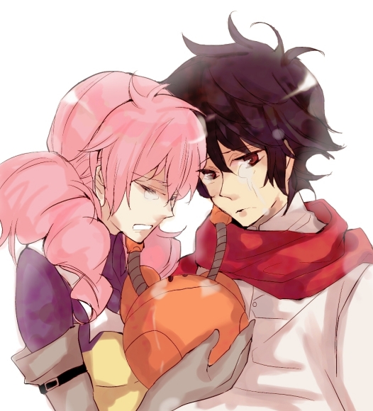 seki (kaguudou), feldt grace, haro, setsuna f. seiei, gundam, gundam 00, 00s, 1boy, 1girl, black hair, couple, gloves, hetero, pink hair, scarf, tears, twintails