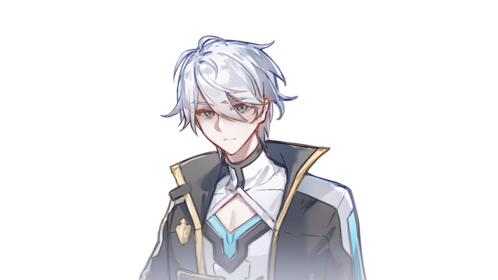 seawave02974, kevin kaslana, honkai (series), honkai impact 3rd, chinese commentary, commentary request, highres, procreate (medium), 1boy, ahoge, black coat, blue eyes, coat, looking at viewer, male focus, pectoral cleavage, pectorals, shirt, short hair, simple background, solo, white background, white hair, white shirt