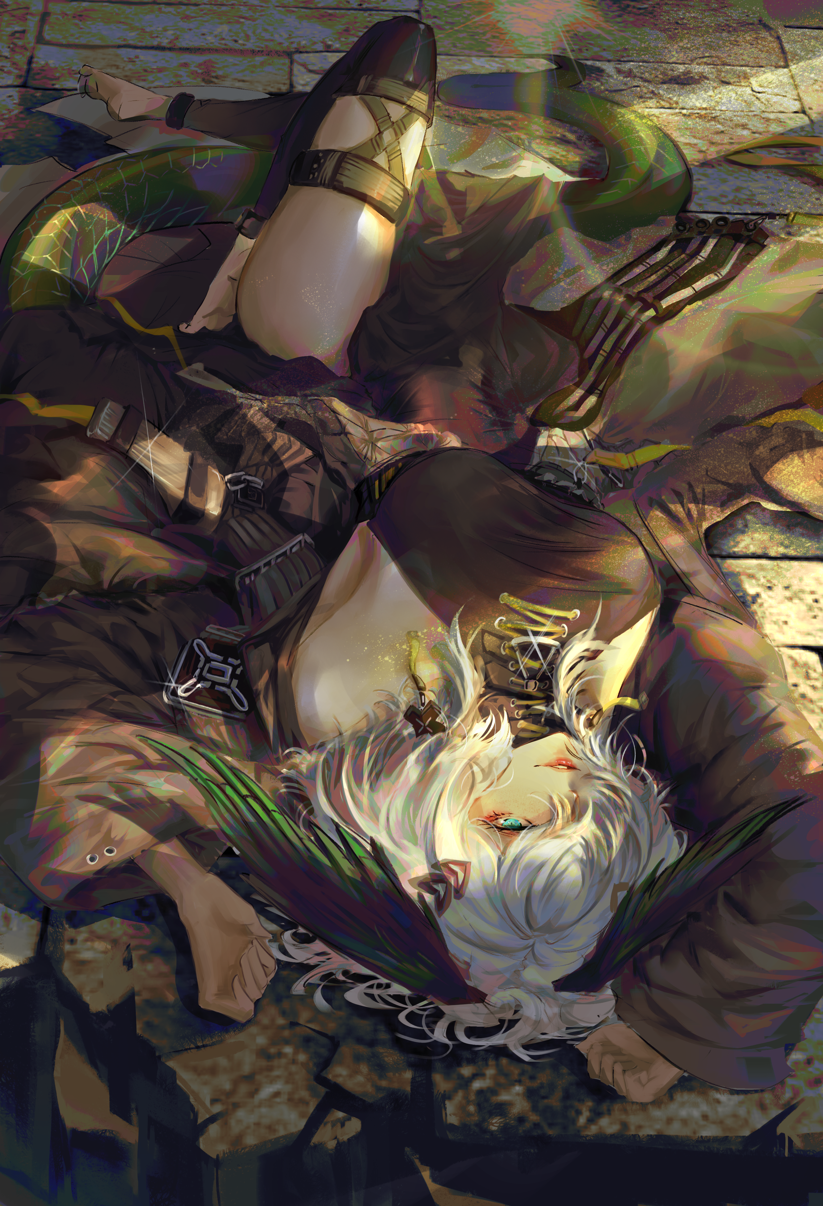 tometome1342, ho'olheyak (arknights), ho'olheyak (ritual of immortality) (arknights), arknights, absurdres, commentary, highres, symbol-only commentary, 1girl, black dress, breasts, dress, feathered wings, grey hair, head wings, large breasts, long dress, medium hair, side slit, snake girl, snake tail, solo, tail, wings