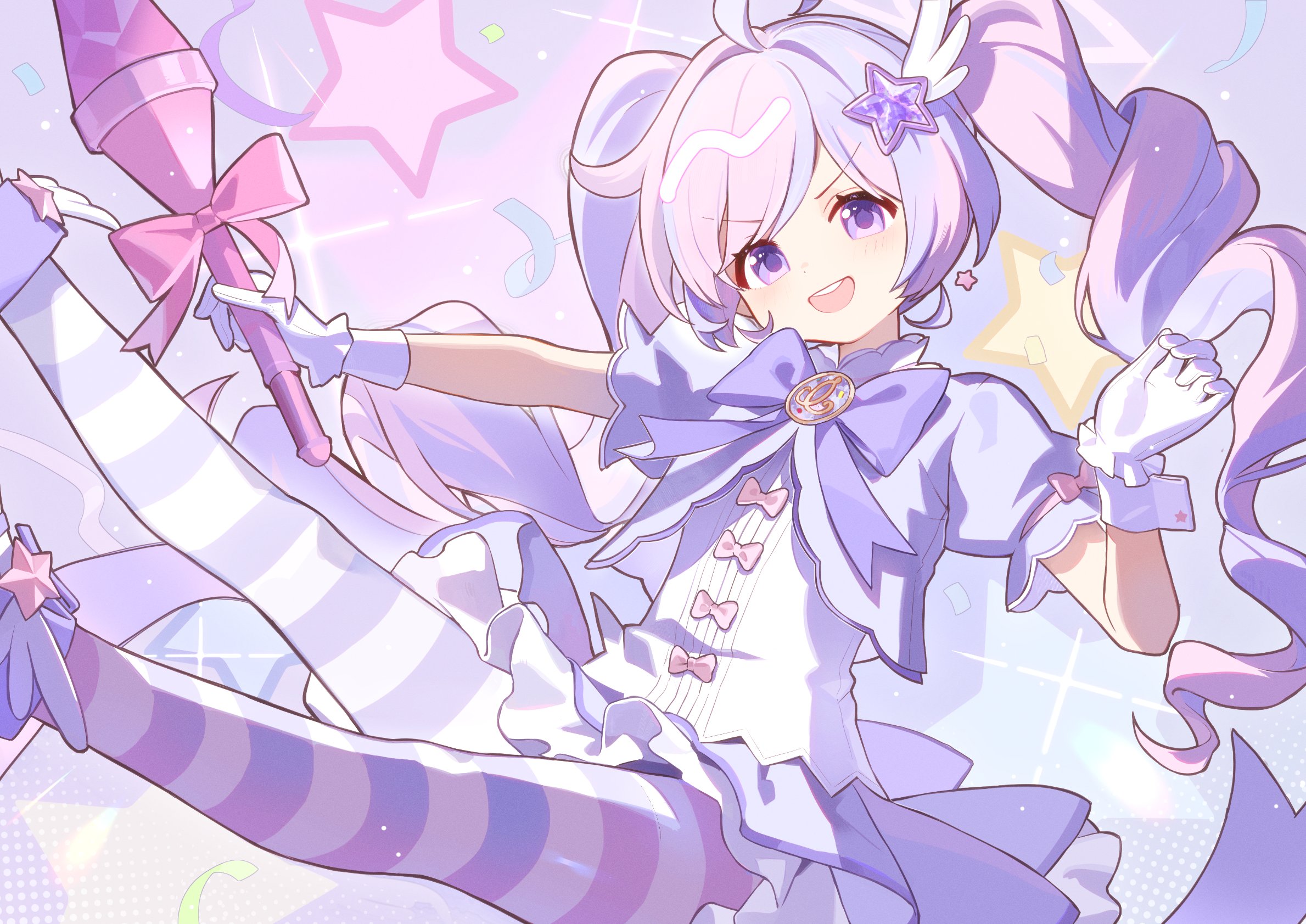 miebao, reisa (blue archive), reisa (magical) (blue archive), blue archive, commentary, highres, symbol-only commentary, 1girl, :d, ahoge, blush, bow, bowtie, drill hair, earrings, floating, frilled skirt, frills, gloves, hair ornament, halo, holding, holding weapon, jewelry, long hair, looking at viewer, magical girl, multicolored hair, official alternate costume, official alternate hairstyle, open mouth, pantyhose, pink bow, pink hair, puffy short sleeves, puffy sleeves, purple bow, purple bowtie, purple eyes, purple hair, rocket launcher, rpg, rpg-7, rpg (weapon), shirt, shoes, short sleeves, skirt, smile, solo, star (symbol), star earrings, star hair ornament, star halo, striped clothes, striped pantyhose, tareme, teeth, twin drills, twintails, two-tone hair, upper teeth only, v-shaped eyebrows, weapon, white gloves, white shirt, white wrist cuffs, wing hair ornament, winged shoes, wings, wrist cuffs