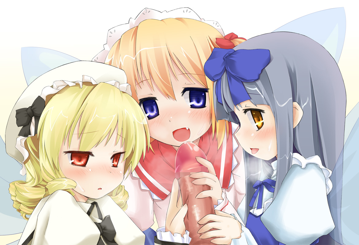 niiya, luna child, star sapphire, sunny milk, perfect memento in strict sense, touhou, 1boy, 3girls, :d, black bow, black bowtie, black eyes, black hair, blonde hair, blue bow, blue eyes, blunt bangs, blush, bow, bowtie, censored, drill hair, fairy wings, fang, hair bow, hair ribbon, hat, heavy breathing, hetero, imminent fellatio, juliet sleeves, loli, long hair, long sleeves, looking at viewer, multiple girls, open mouth, penis, pointless censoring, pov, precum, puffy sleeves, red eyes, red ribbon, ribbon, short hair, smile, twintails, wings, yellow eyes