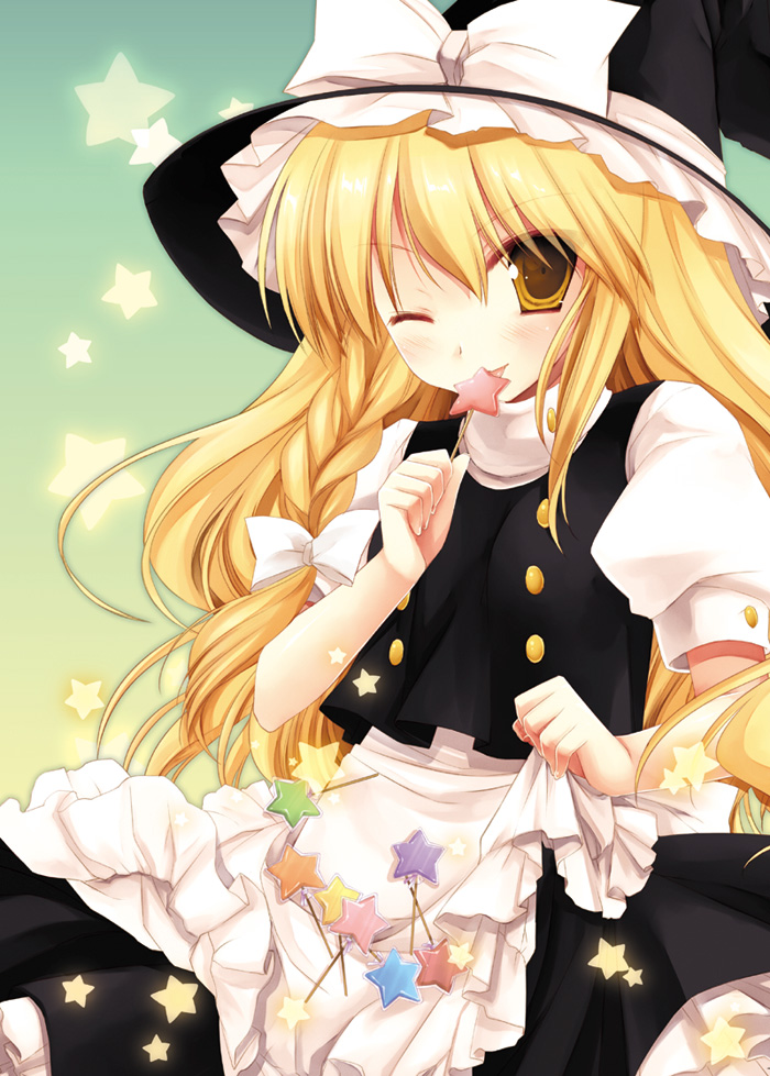 miyasu risa, kirisame marisa, touhou, 1girl, blonde hair, blush, braid, candy, cover, female focus, food, gradient background, hat, licking, lollipop, long hair, one eye closed, ribbon, shaped lollipop, skirt, skirt basket, solo, star (symbol), wink, witch, witch hat, yellow eyes
