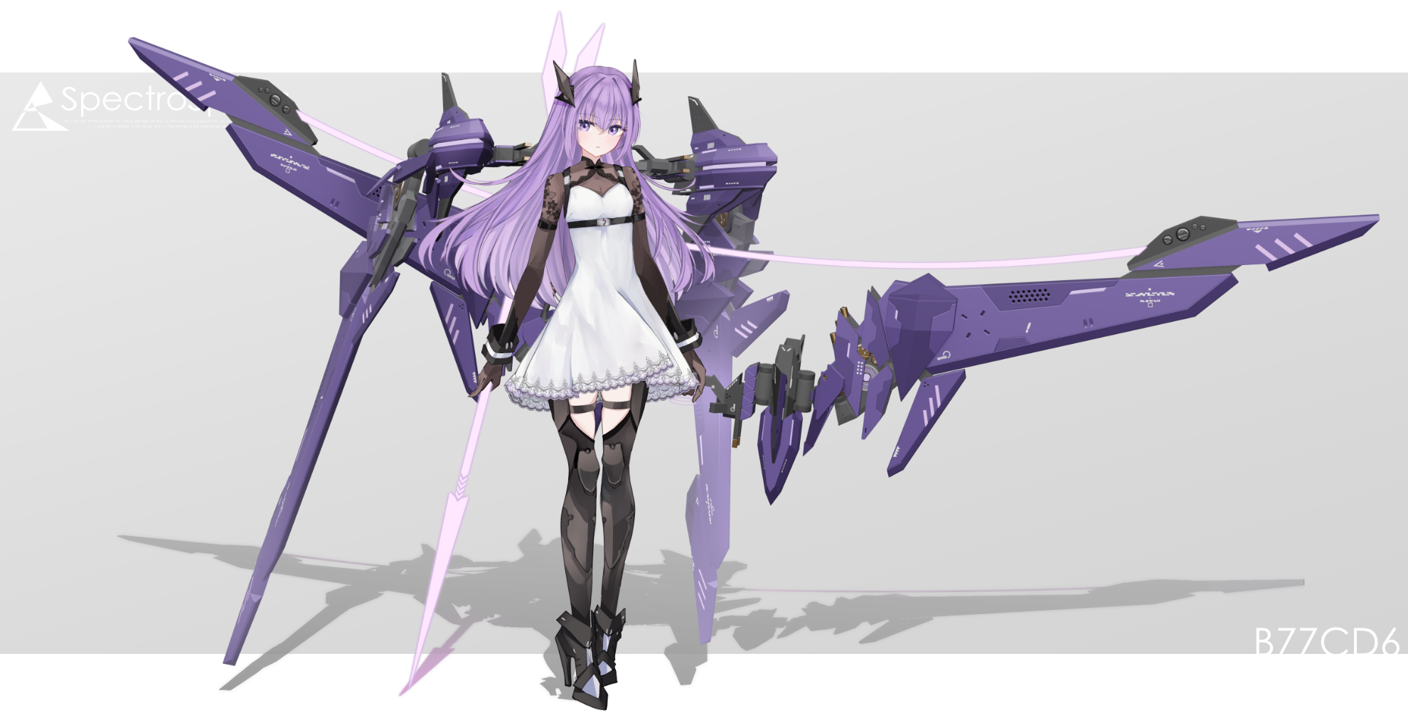 sarasadou dan, original, commentary request, highres, 1girl, black boots, boots, closed mouth, dress, frilled dress, frills, full body, grey background, hair between eyes, headgear, letterboxed, long hair, long sleeves, looking at viewer, mecha musume, mechanical wings, outside border, purple eyes, purple hair, shadow, simple background, solo, standing, thigh boots, white dress, wings