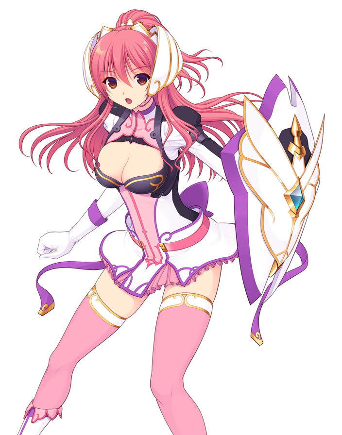 saitou natsuki, suhamaya, en ciel rena, en ciel rena (sin), tomoe rena, kourin tenshi en ciel rena, game cg, large variant set, non-web source, official art, variant set, 1girl, :o, boots, breasts, cleavage, cleavage cutout, clothing cutout, dress, gloves, hair ornament, headgear, holding, holding shield, large breasts, long hair, looking at viewer, open mouth, pink hair, pink thighhighs, ponytail, red eyes, shield, short dress, skirt, solo, thighhighs, transparent background, white gloves, zettai ryouiki