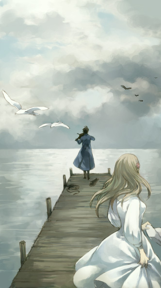 ni-co, niko (silent.whitesnow), austria (hetalia), hungary (hetalia), axis powers hetalia, bad id, bad pixiv id, 00s, 1boy, 1girl, bird, couple, hetero, instrument, long hair, ocean, pier, seagull, sky, violin
