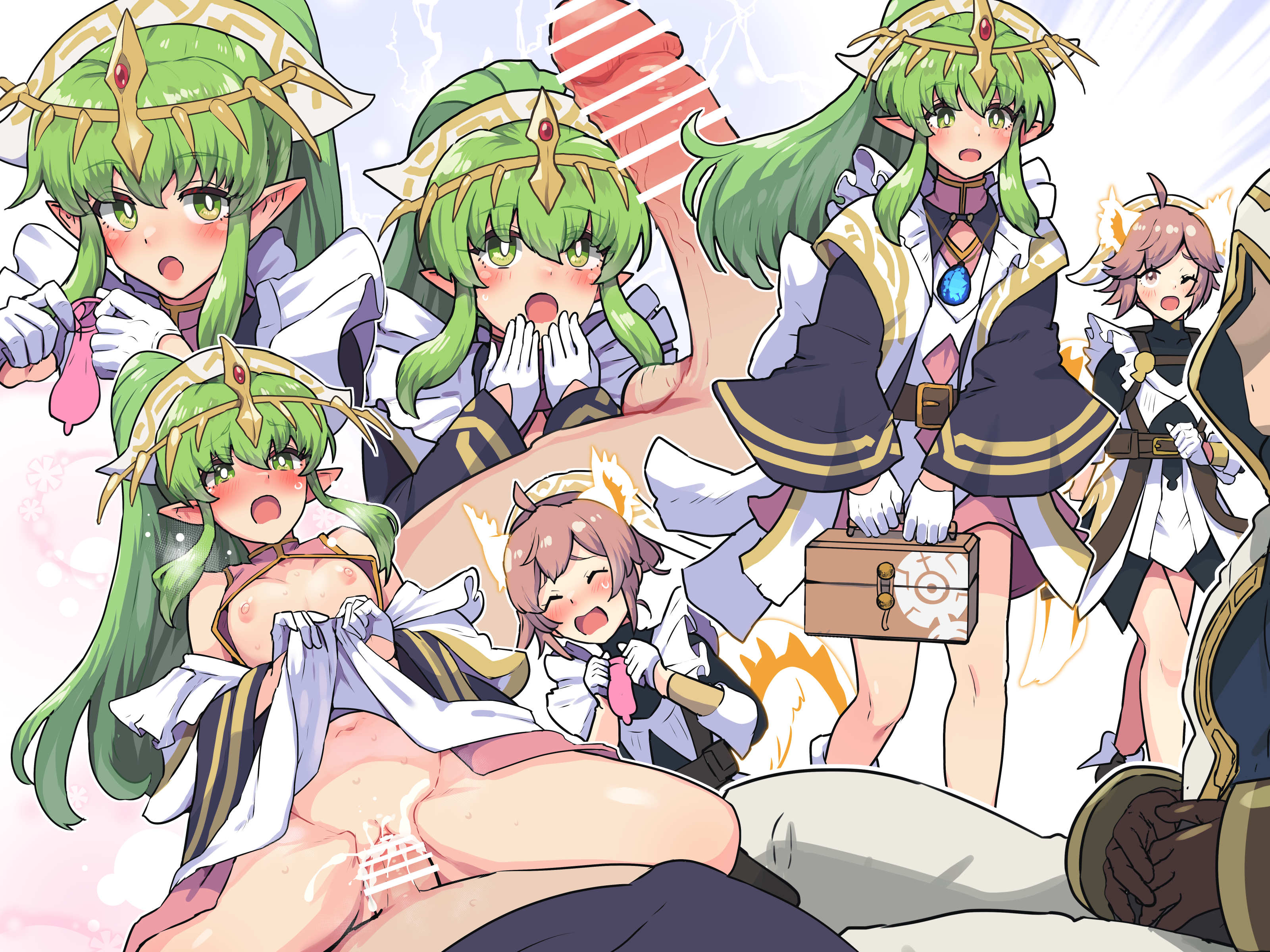 boris (noborhys), kiran (fire emblem), male kiran (fire emblem), ratatoskr (fire emblem), tiki (fire emblem), tiki (young) (fire emblem), fire emblem, fire emblem: mystery of the emblem, fire emblem heroes, nintendo, 1boy, 2girls, animal ears, bar censor, breasts, brown hair, censored, condom, dragon girl, first aid, first aid kit, green eyes, green hair, multiple girls, nipples, penis, pointy ears, ponytail, small breasts, squirrel ears, squirrel girl, squirrel tail, tail, vaginal