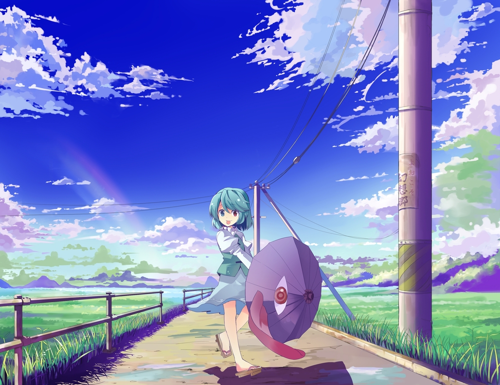 hasebe yuusaku, tatara kogasa, touhou, bad id, bad pixiv id, 1girl, :p, bare legs, blue eyes, blue hair, cloud, day, female focus, fence, geta, grass, heterochromia, karakasa obake, landscape, looking at viewer, matching hair/eyes, outdoors, power lines, puddle, railing, red eyes, road, sandals, short hair, sky, solo, tongue, tongue out, umbrella, utility pole, vanishing point