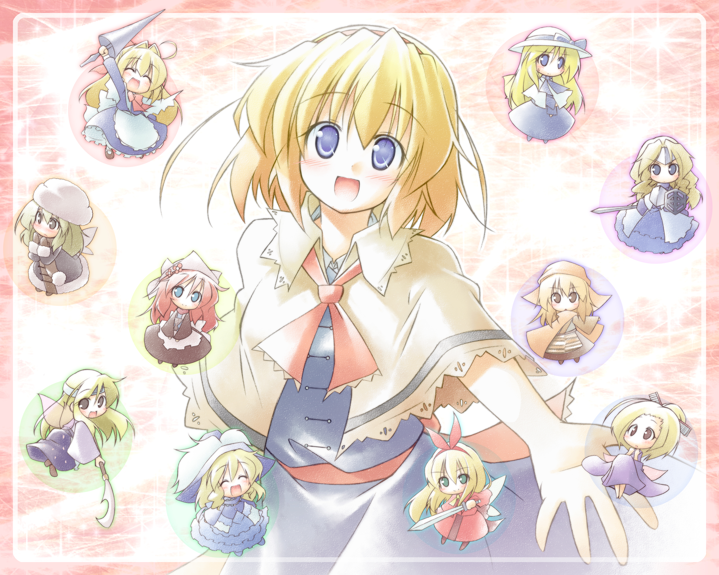 kibushi, alice margatroid, hourai doll, shanghai doll, touhou, absurdres, highres, 1girl, blonde hair, blue eyes, blush, chibi, doll, female focus, hairband, long hair, ribbon, short hair, solo