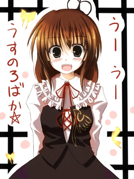 mashayuki, ushiromiya maria, umineko no naku koro ni, 00s, 1girl, brown hair, crown, dress, female focus, orange hair, ribbon, short hair, smile, solo, uu~