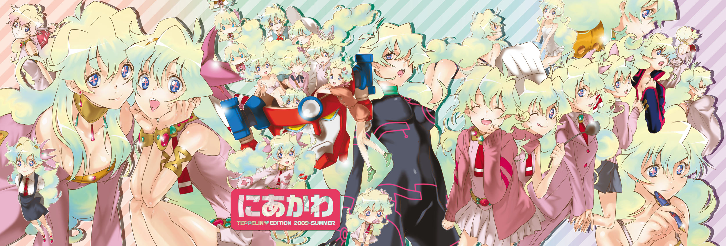 yukimitsuki, antispiral nia, lagann, nia teppelin, tengen toppa gurren lagann, tengen toppa gurren lagann: lagann-hen, highres, long image, wide image, + +, 00s, 1girl, aged up, alternate hairstyle, armlet, ass, baby, bare shoulders, bikini, blonde hair, blue eyes, bodysuit, bouquet, bracelet, breasts, cardigan, chef, chef hat, chibi, child, choker, cleavage, collarbone, cross-shaped pupils, dark persona, dress, earrings, flower, glasses, groin, hair flower, hair ornament, hair ribbon, happy, hat, jacket, jewelry, ladle, mecha, medium breasts, multicolored hair, multiple persona, necktie, neon trim, open mouth, pen, perky breasts, pinafore dress, ribbon, robot, school uniform, skin tight, skirt, sleeveless, sleeveless dress, smile, square-end necktie, swimsuit, symbol-shaped pupils, teeth, tongue, wedding dress