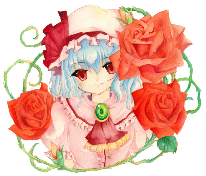 666 (pixiv), awaawa (666), remilia scarlet, touhou, 1girl, blue hair, female focus, flower, hat, red eyes, red flower, red rose, rose, short hair, solo