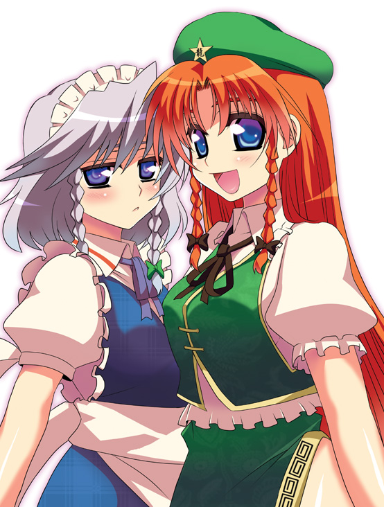 takadoya, hong meiling, izayoi sakuya, embodiment of scarlet devil, touhou, silver hair, 2girls, :<, :d, apron, blue eyes, braid, china dress, chinese clothes, dress, female focus, hat, jitome, long hair, maid, maid apron, maid headdress, multiple girls, open mouth, red hair, short hair, smile, twin braids