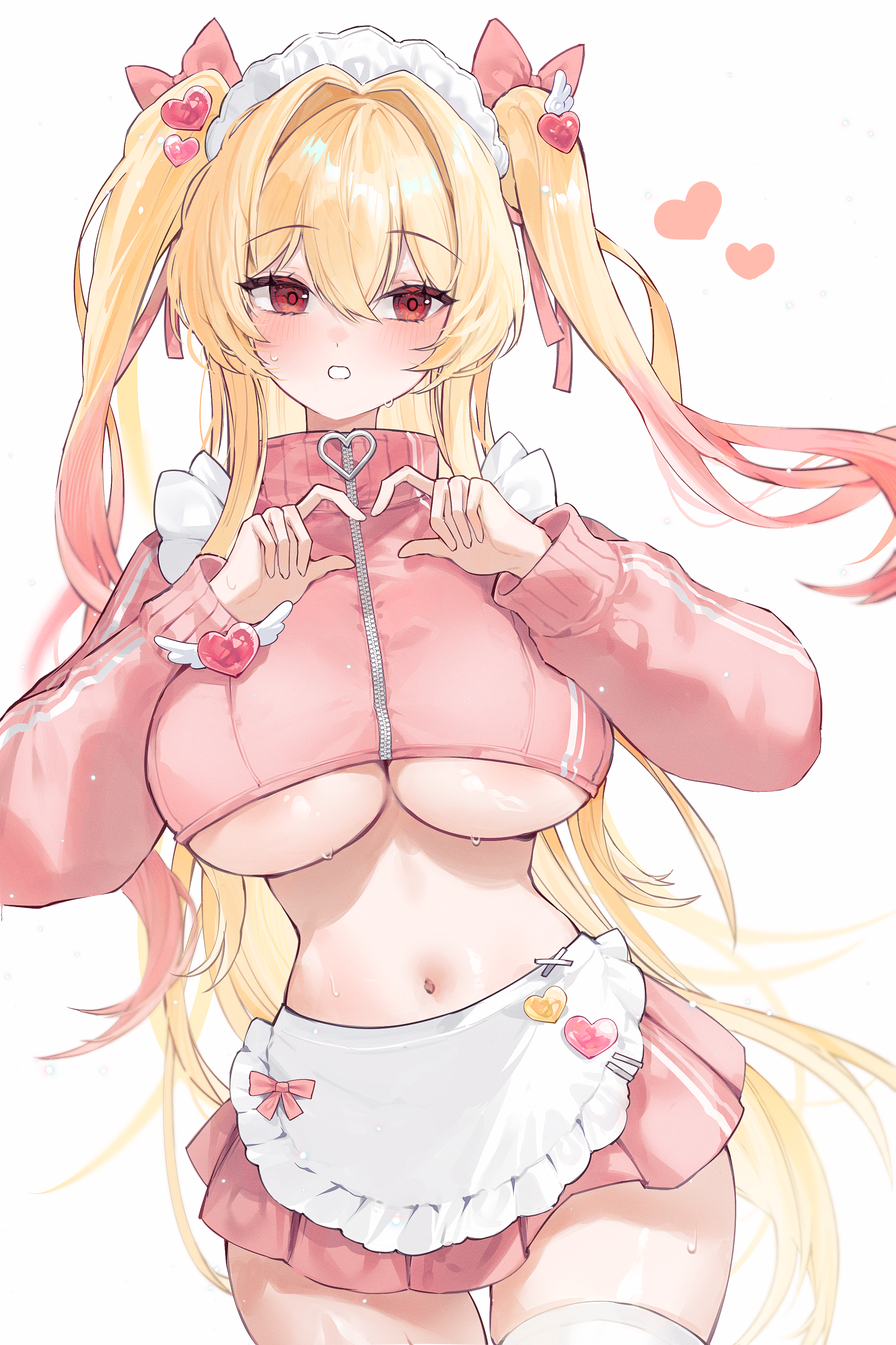 gurami (zangizarang), original, absurdres, commentary request, highres, 1girl, apron, blonde hair, blush, bow, breasts, cowboy shot, cropped jacket, gradient hair, hair between eyes, hair bow, hair ornament, heart, heart hair ornament, heart hands, jacket, large breasts, long hair, long sleeves, looking at viewer, maid headdress, miniskirt, multicolored hair, navel, parted lips, pink bow, pink hair, pink jacket, pink ribbon, pink skirt, red eyes, ribbon, simple background, skirt, thigh gap, thighhighs, two side up, underboob, very long hair, waist apron, white apron, white background, white thighhighs, zipper pull tab