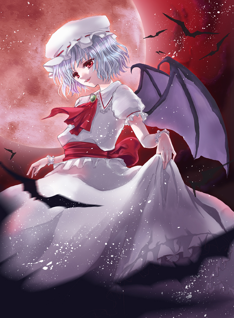 suzuori, remilia scarlet, touhou, silver hair, 1girl, bat (animal), bat wings, clothes lift, female focus, full moon, hat, moon, outdoors, red eyes, red moon, short hair, skirt hold, sky, solo, wings, wrist cuffs