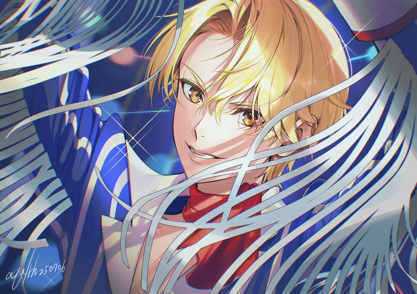 akua, pretty rhythm, pretty series, commentary, symbol-only commentary, 1boy, blonde hair, blue background, blue jacket, brown eyes, himuro hijiri, jacket, king of prism, long sleeves, looking at viewer, male focus, parted bangs, red scarf, scarf, short hair, smile, solo, sparkle, striped clothes, striped jacket, upper body, vertical-striped clothes, vertical-striped jacket