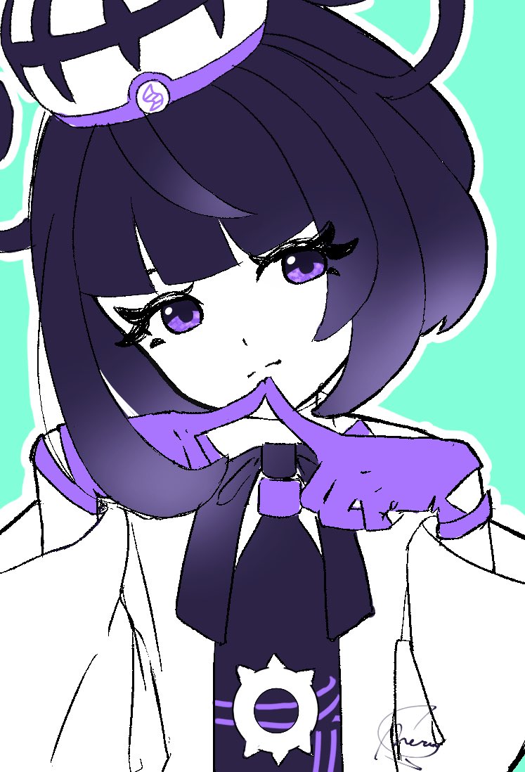 meru merume603, gwynn (pokemon), nintendo, pokemon, pokemon legends: z-a, commentary, 1girl, black bow, black bowtie, black hair, black shirt, bow, bowtie, closed mouth, eyelashes, gloves, green background, hands up, hat, head tilt, index fingers together, jacket, long hair, long sleeves, open clothes, open jacket, outline, purple eyes, purple gloves, shirt, signature, solo, split mouth, upper body, white jacket