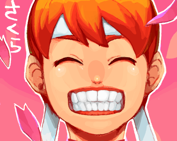 moudoku (decopon3rd), kasugano sakura, capcom, street fighter, 1girl, :d, character name, cherry blossoms, close-up, closed eyes, female focus, grin, hachimaki, headband, open mouth, orange hair, pink background, short hair, smile, solo, teeth