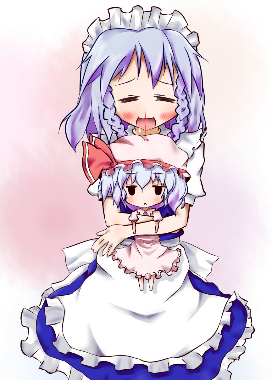 boxinhev, izayoi sakuya, remilia scarlet, touhou, light purple hair, highres, 2girls, :<, :3, = =, blood, blush, braid, chibi, closed eyes, doll, dress, female focus, frills, hat, maid, multiple girls, nosebleed, short hair, twin braids