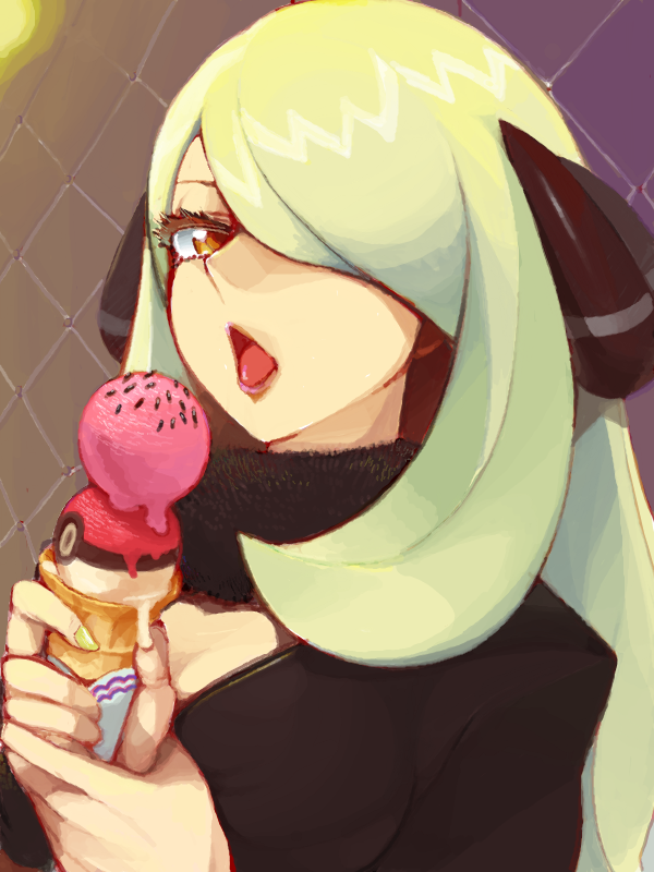 moudoku (decopon3rd), cynthia (pokemon), nintendo, pokemon, pokemon dppt, 00s, 1girl, blonde hair, brown eyes, eyelashes, female focus, food, hair over one eye, holding, ice cream, long hair, open mouth, poke ball, poke ball theme, sexually suggestive, solo, tongue