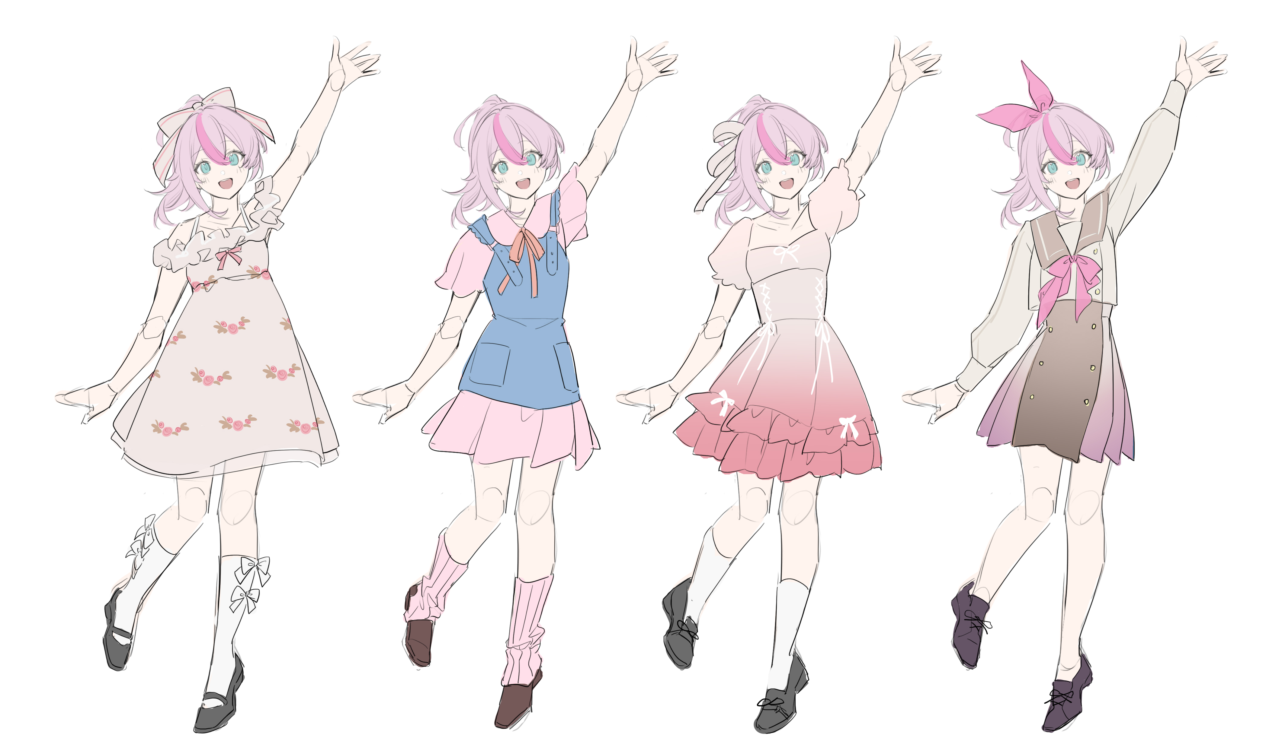 sang sha, yae rin, honkai (series), honkai impact 3rd, absurdres, artist collaboration, commentary, english commentary, highres, 1girl, alternate costume, aqua eyes, arm up, black shoes, blue shirt, bow, dress, gradient clothes, gradient dress, grey shirt, hair bow, long sleeves, looking at viewer, medium hair, multicolored hair, multiple views, neckerchief, open mouth, pink bow, pink dress, pink hair, pink neckerchief, pink socks, ponytail, reference sheet, shirt, shoes, simple background, sketch, smile, socks, streaked hair, waving, white background, white socks, zelian