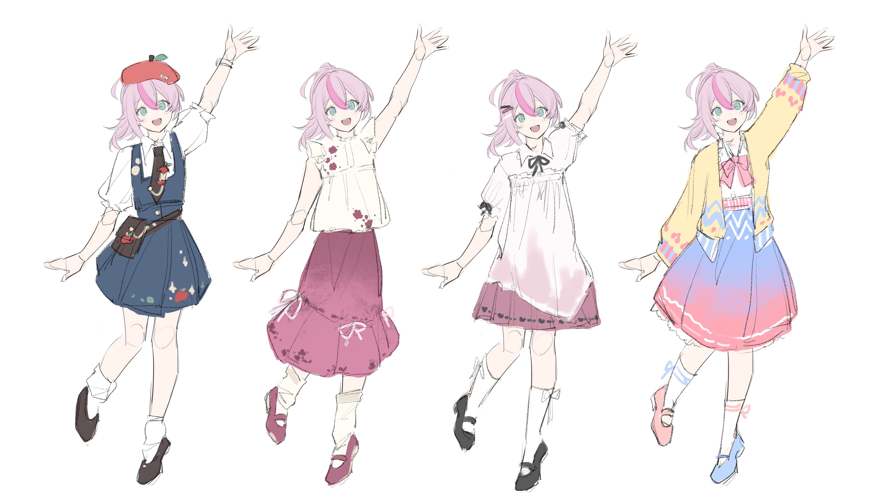 sang sha, yae rin, honkai (series), honkai impact 3rd, artist collaboration, commentary, english commentary, highres, 1girl, alternate costume, aqua eyes, arm up, black shoes, blue skirt, bow, bowtie, dress, gradient clothes, gradient skirt, hat, jacket, long skirt, looking at viewer, medium hair, mismatched shoes, multicolored hair, multiple views, open mouth, pink bow, pink bowtie, pink hair, pink skirt, ponytail, red hat, reference sheet, shirt, shoes, simple background, sketch, skirt, smile, streaked hair, suspender skirt, suspenders, waving, white background, white dress, white shirt, yellow jacket, zelian