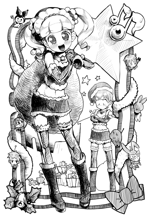 moudoku (decopon3rd), baku (onegai my melody), fujisaki mana, hiiragi jun, hiiragi keiichi, kogure kakeru, kuromi, my melody, sakurazuka miki, usamimi kamen, yumeno uta, onegai my melody, sanrio, 00s, 2boys, 3girls, blush, boots, christmas, drill hair, elbow gloves, gift, gloves, greyscale, hat, monochrome, multiple boys, multiple girls, musical note, santa costume, santa hat, smile, thighhighs, twintails