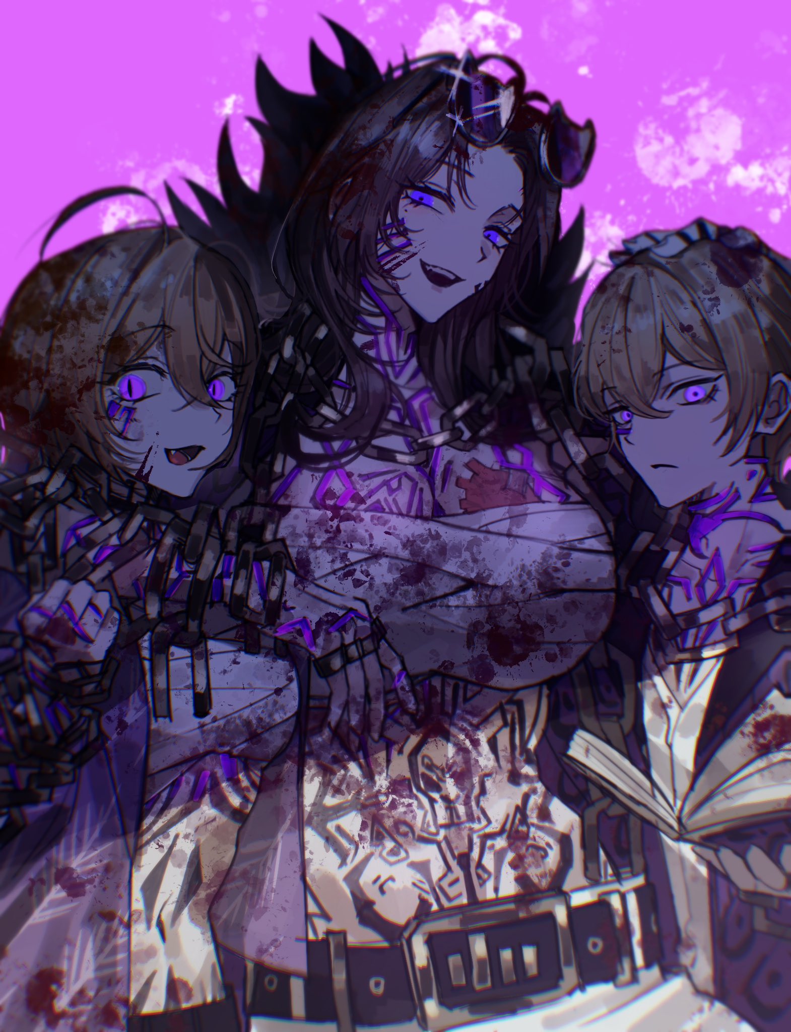 chanil (muexlku), don quixote (project moon), rodion (project moon), sinclair (project moon), limbus company, project moon, commentary request, highres, korean commentary, 1boy, 2girls, belt, blonde hair, blue eyes, book, breasts, chest sarashi, eyewear on head, frown, fur collar, glowing, glowing eyes, glowing tattoo, headpat, large breasts, middle (identity) (project moon), multiple girls, navel, orange eyes, purple background, sarashi, shadow, smile, sunglasses, tattoo, teeth, toned, toned female, upper teeth only, yellow eyes