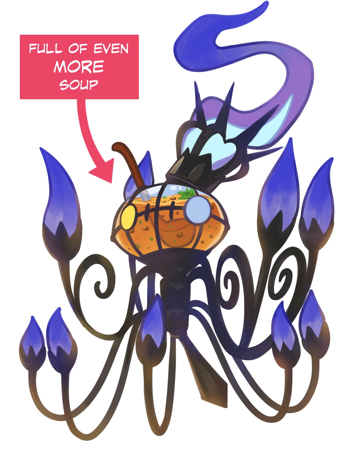 rei (esprei96), chandelure, mega chandelure, nintendo, pokemon, commentary, highres, arrow (symbol), blue fire, english text, fire, food, full body, gen 5 pokemon, ladle, no humans, pokemon (creature), pokemon focus, simple background, solo, soup, white background, yellow eyes