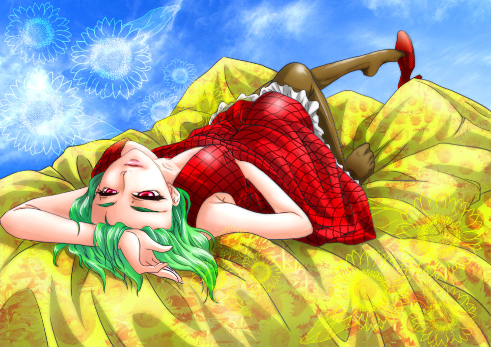 murasaki-san, kazami yuuka, touhou, 1girl, breasts, breasts apart, female focus, green hair, high heels, lying, medium breasts, on back, pantyhose, plaid clothes, plaid skirt, plaid vest, red eyes, shoe dangle, shoes, short hair, single shoe, skirt, skirt set, solo, vest