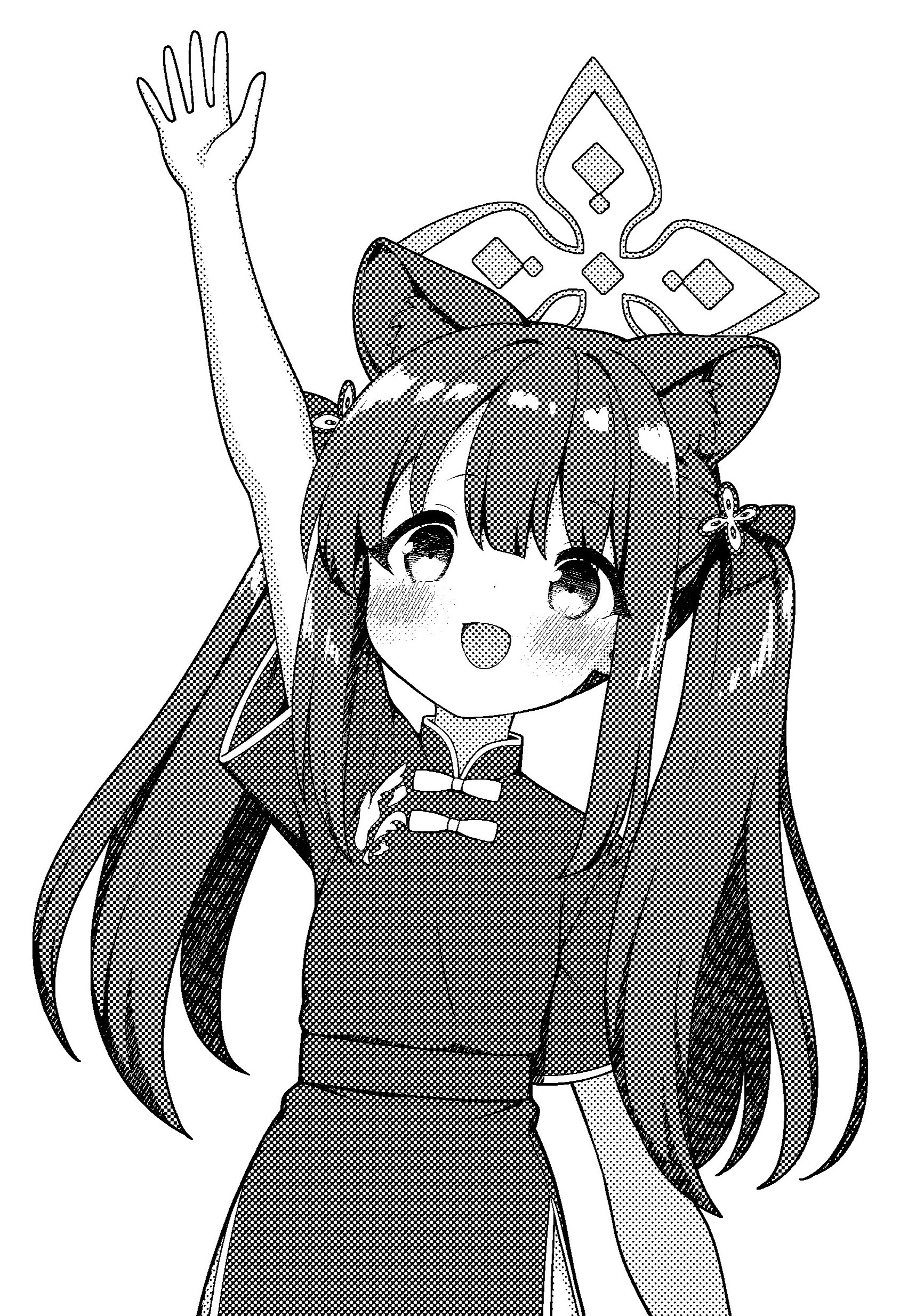 sasakura momiji, shun (blue archive), shun (small) (blue archive), blue archive, absurdres, commentary request, highres, 1girl, :d, animal ear fluff, animal ears, arm up, blush, dress, greyscale, halo, long hair, looking at viewer, monochrome, open mouth, short sleeves, simple background, smile, solo, twintails, very long hair, white background