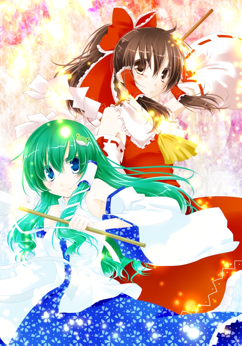 rin tsuyukusa, yuzuri sa, hakurei reimu, kochiya sanae, touhou, bad id, bad pixiv id, 2girls, ascot, blue eyes, bow, brown eyes, brown hair, detached sleeves, female focus, frog, gohei, green hair, hair ornament, japanese clothes, long hair, miko, multiple girls, short hair, snake, yellow ascot
