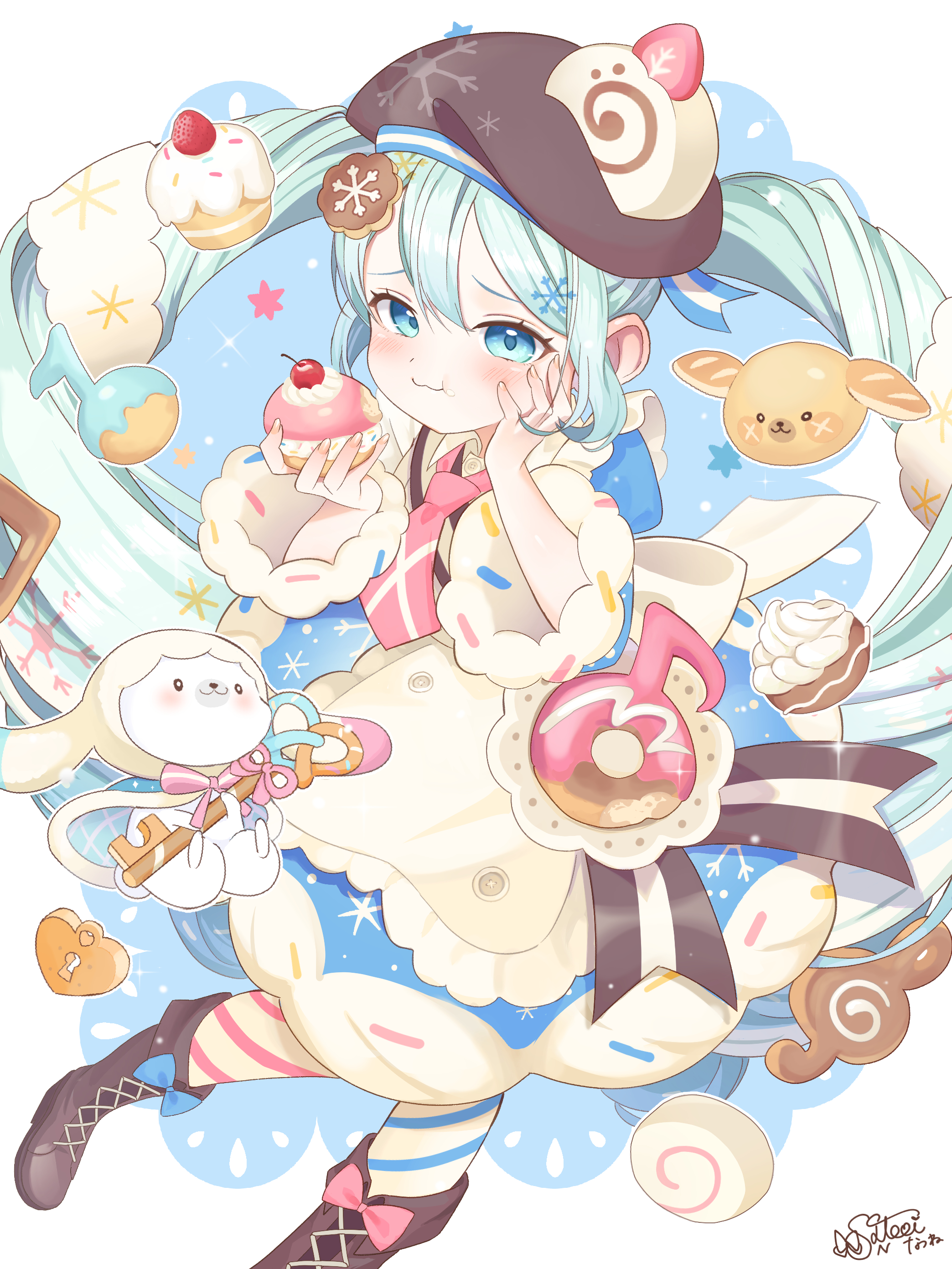 hatsune miku, rabbit yukine, yuki miku, yuki miku (2026), vocaloid, absurdres, commentary request, highres, 1girl, 1other, apron, aqua eyes, aqua hair, blue bow, blue dress, blue sleeves, blue thighhighs, blush, boots, bow, bowtie, bright pupils, brown hat, closed mouth, collared dress, dessert, detached sleeves, double-parted bangs, dress, dress bow, eating, food, food-themed clothes, food-themed hat ornament, food bite, food on face, footwear bow, frilled apron, frills, fur-trimmed dress, fur-trimmed sleeves, fur trim, hair between eyes, hair ornament, hand on own cheek, hand on own face, hat, hat ornament, holding, holding food, long hair, long sleeves, medium dress, mismatched thighhighs, musical note-themed food, natsu-984522, necktie, official alternate costume, official alternate hairstyle, pink bow, pink bowtie, pink necktie, puffy short sleeves, puffy sleeves, rabbit, short sleeves, sleeve bow, snowflake print, snowflakes, striped clothes, thighhighs, twintails, two-tone sleeves, very long hair, wavy hair, white apron, white bow, white rabbit (animal), white sleeves, wide sleeves