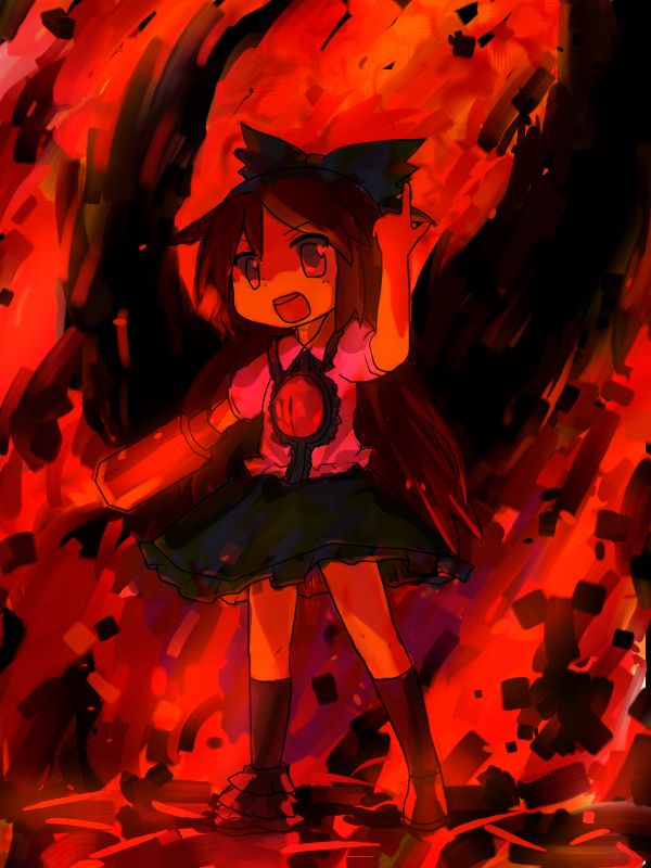 akn, reiuji utsuho, touhou, bad id, bad pixiv id, 1girl, chibi, female focus, red theme, solo, wings