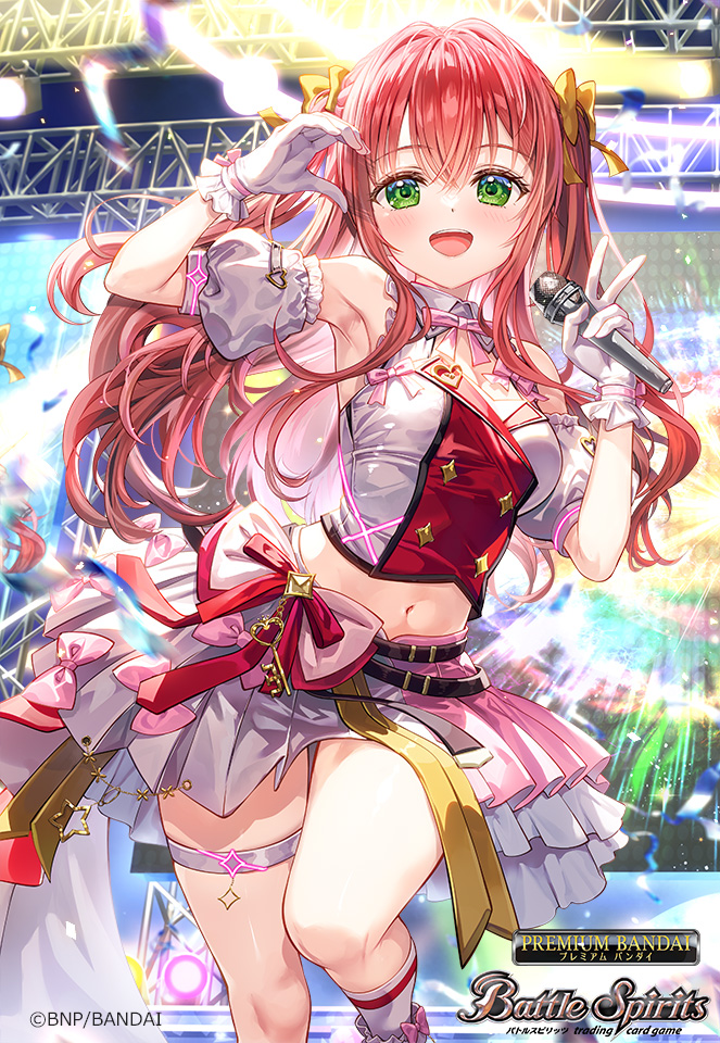 fujima takuya, battle spirits, commentary request, official art, 1girl, arm up, bare shoulders, breasts, crop top, detached sleeves, gloves, green eyes, hair between eyes, holding, holding microphone, idol, idol clothes, long hair, looking at viewer, medium breasts, microphone, midriff, navel, noa fleur, pleated skirt, puffy short sleeves, puffy sleeves, red hair, short sleeves, skirt, socks, solo, standing, standing on one leg, v, veil, very long hair, white gloves, white skirt, white sleeves, white socks, white veil