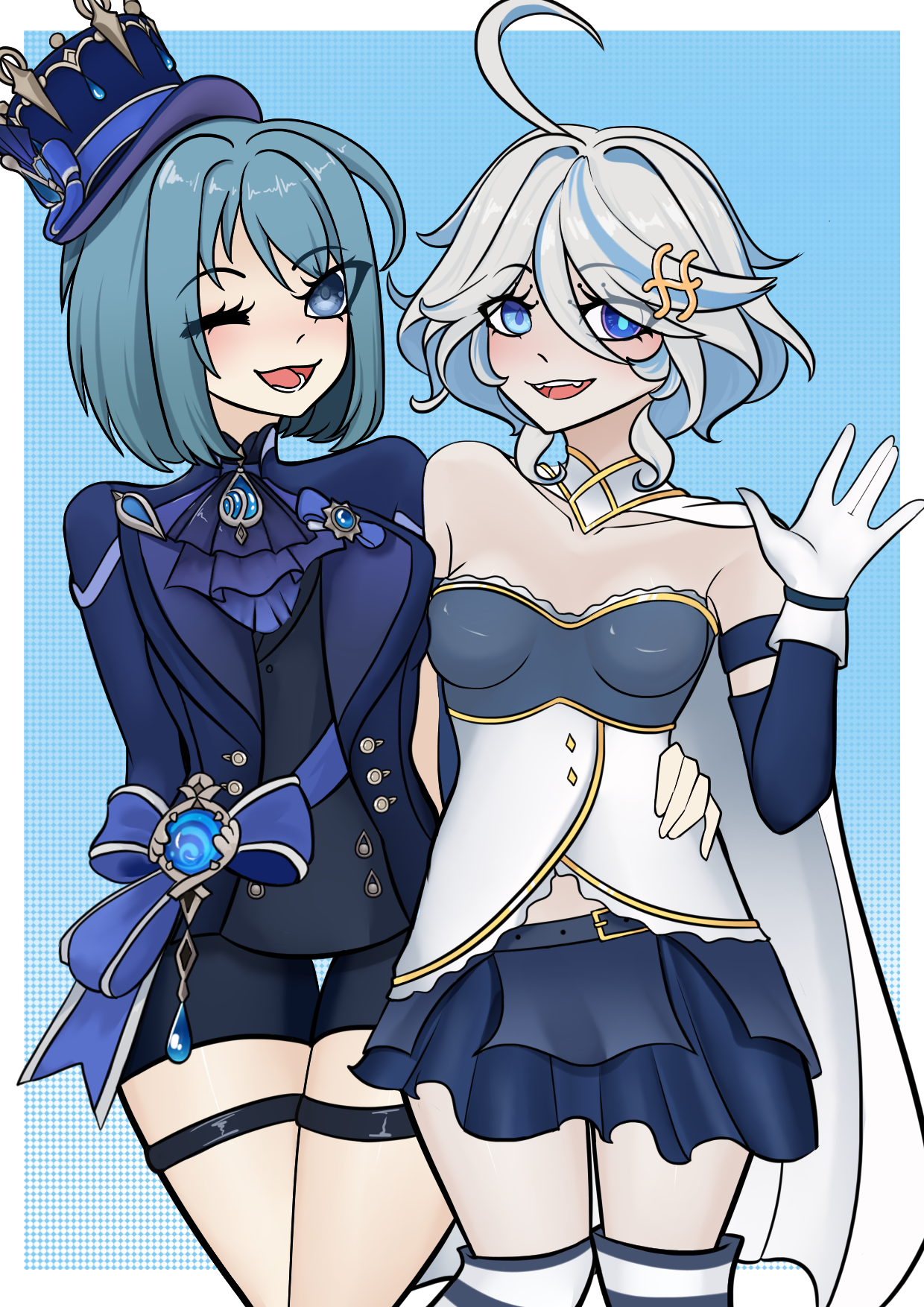 kurodahlia18, furina (genshin impact), miki sayaka, 2girls, breasts, fang, heterochromia, multiple girls, short hair, small breasts