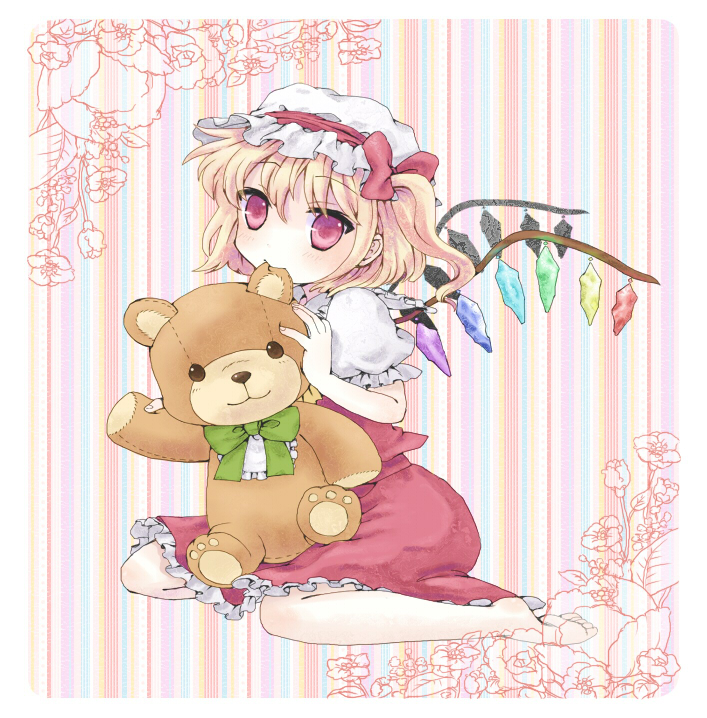 keru, flandre scarlet, touhou, 1girl, barefoot, blonde hair, female focus, hat, one side up, ponytail, red eyes, short hair, side ponytail, solo, stuffed animal, stuffed toy, teddy bear, wings