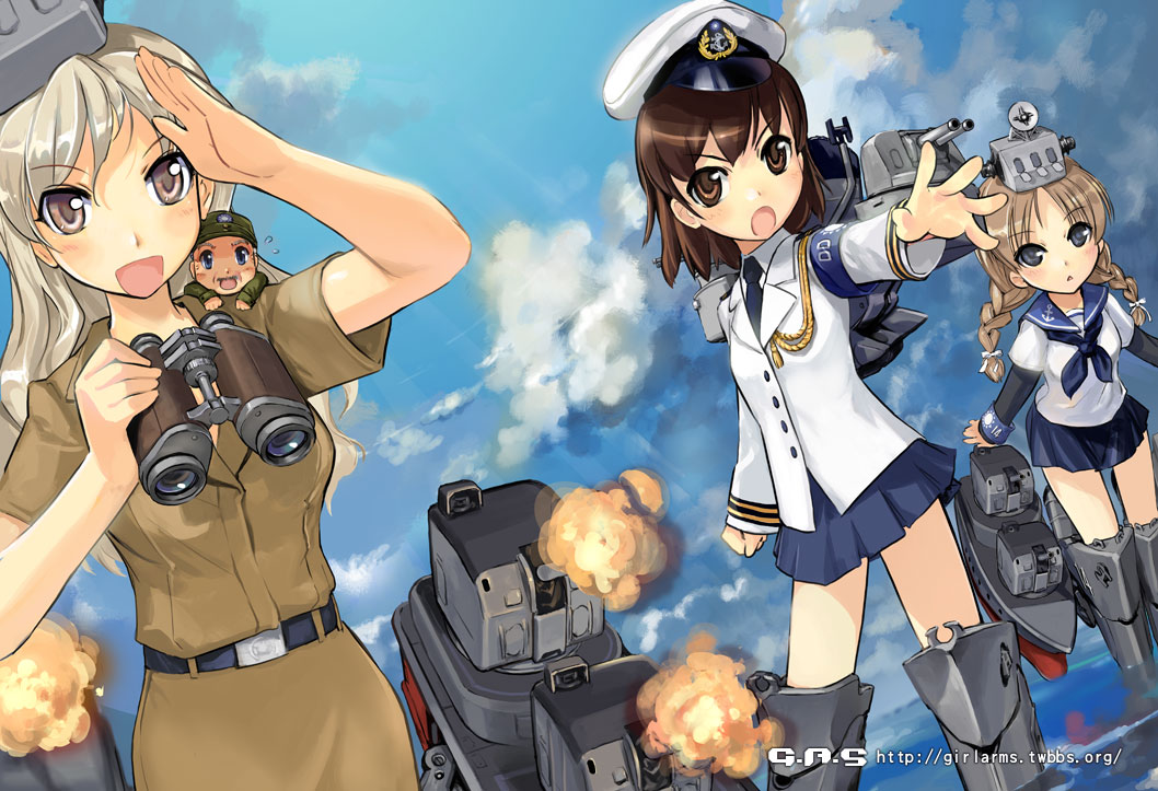 zeco, chiang kai-shek, girl arms, original, navy, 1boy, 3girls, aiguillette, armband, binoculars, blonde hair, braid, brown eyes, brown hair, destroyer, mecha musume, military, military uniform, military vehicle, multiple girls, personification, ship, skirt, taiwan, twin braids, warship, watercraft, watermark, web address, world war ii