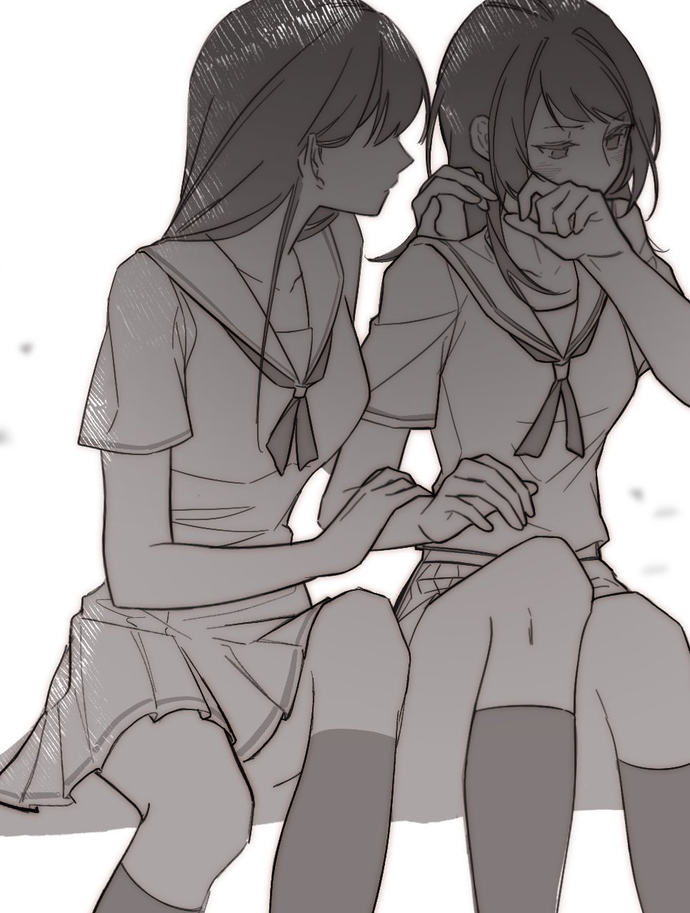 kwnmiyu, shiina taki, yahata umiri, bang dream!, bang dream! it's mygo!!!!!, commentary, hashtag-only commentary, highres, 2girls, blush, greyscale, hand on another's shoulder, kneehighs, long hair, medium hair, monochrome, multiple girls, navel, pleated skirt, sailor collar, school uniform, serafuku, simple background, sitting, skirt, socks, white background