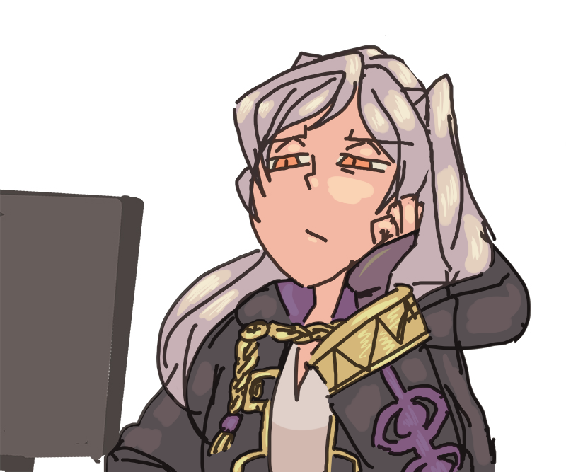 davewaterfalls, female robin (fire emblem), fire emblem, fire emblem awakening, nintendo, 1girl, hand on own face, meme, monitor, robe, simple background, solo, twintails, white hair, yellow eyes