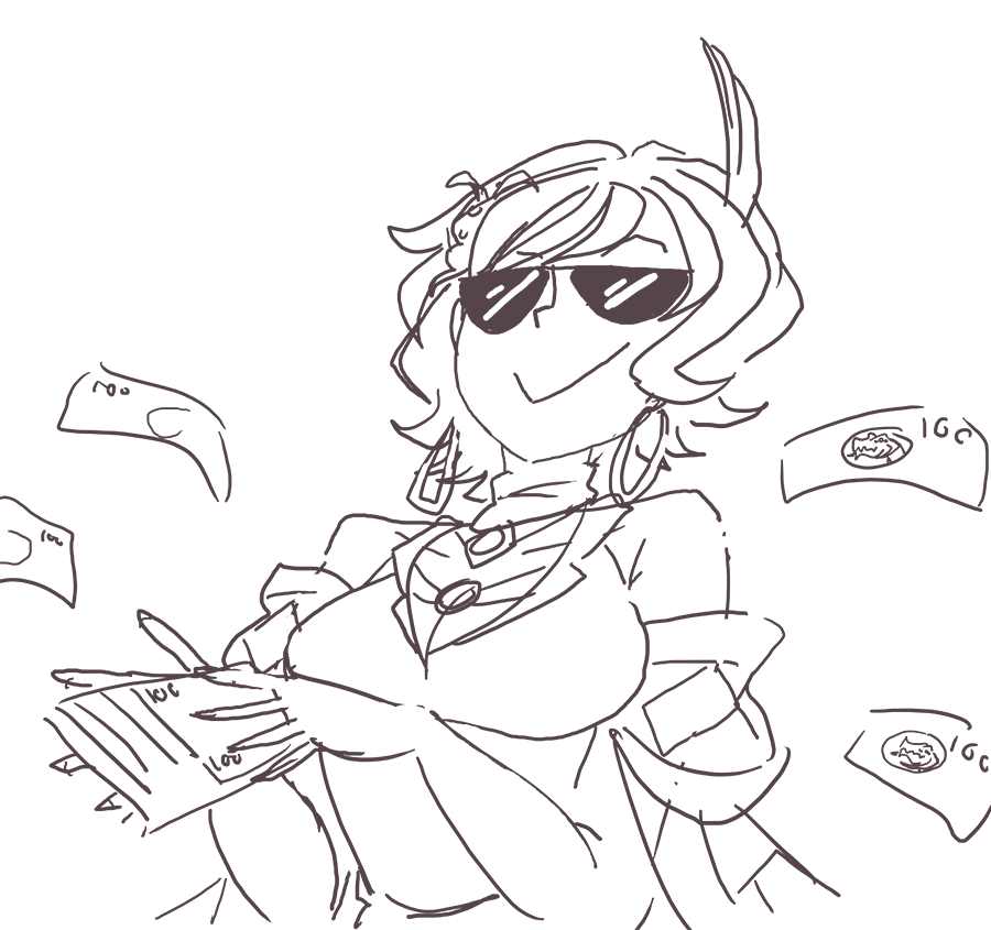 davewaterfalls, citrinne (fire emblem), fire emblem, fire emblem engage, nintendo, 1girl, breasts, cleavage, earrings, hoop earrings, jewelry, money, short hair, sketch, solo, sunglasses