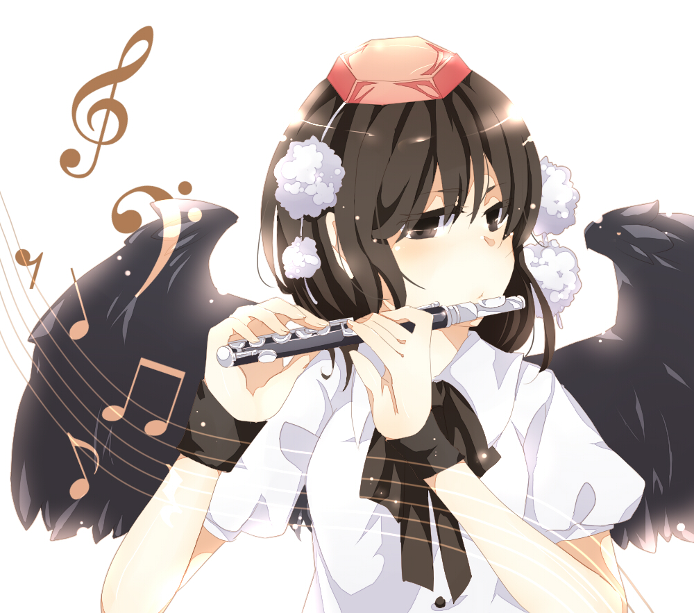 kanosigu, shameimaru aya, touhou, bad id, bad pixiv id, 1girl, black hair, black wings, expressionless, female focus, flute, hat, instrument, looking at viewer, musical note, short hair, solo, tokin hat, wings