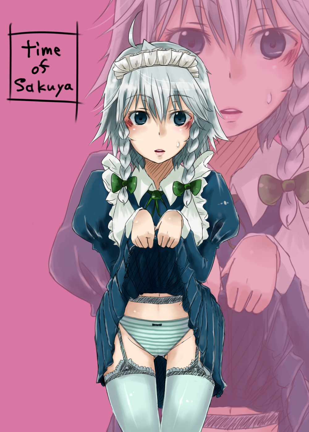 hanchi hannou, izayoi sakuya, touhou, silver hair, highres, 1girl, blue eyes, braid, clothes lift, female focus, garter belt, maid, panties, short hair, skirt, skirt lift, solo, striped clothes, striped panties, thighhighs, twin braids, underwear, zoom layer