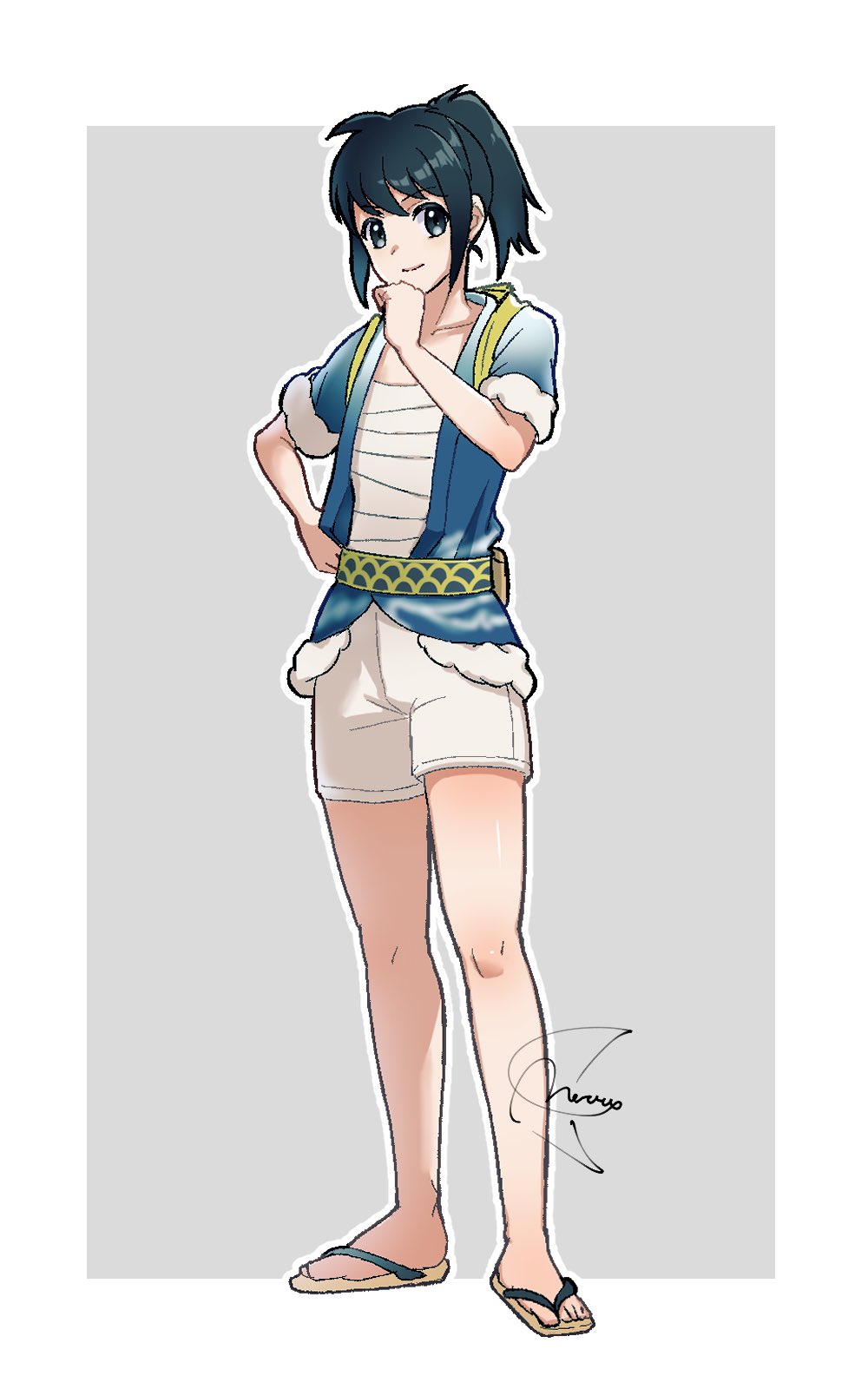 meru merume603, rei (pokemon), nintendo, pokemon, pokemon legends: arceus, commentary, highres, 1boy, bandaged chest, black hair, blue jacket, border, closed mouth, full body, fur-trimmed jacket, fur trim, grey background, hand on own hip, hand up, jacket, knees, male focus, outside border, ponytail, sandals, short sleeves, shorts, signature, smile, solo, standing, toes, white border, white shorts