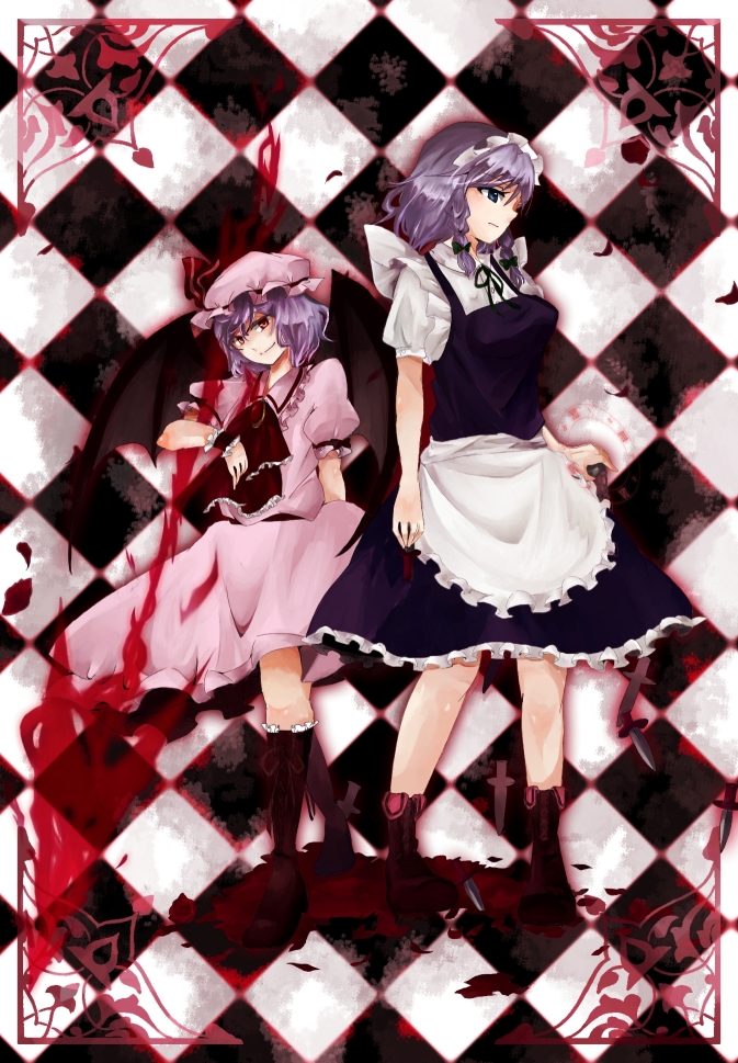hami, izayoi sakuya, remilia scarlet, touhou, silver hair, bad id, bad pixiv id, 2girls, bat wings, blue eyes, boots, braid, female focus, hat, knife, maid, multiple girls, pocket watch, red eyes, short hair, watch, wings