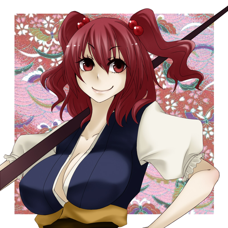 shimizu kokeshi, onozuka komachi, touhou, 1girl, breasts, cleavage, female focus, large breasts, red eyes, red hair, scythe, short hair, solo, twintails, two side up