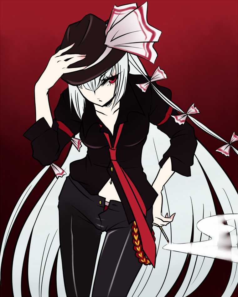 shimizu kokeshi, fujiwara no mokou, touhou, silver hair, 1girl, bow, female focus, hair ribbon, hat, long hair, navel, red eyes, ribbon, solo