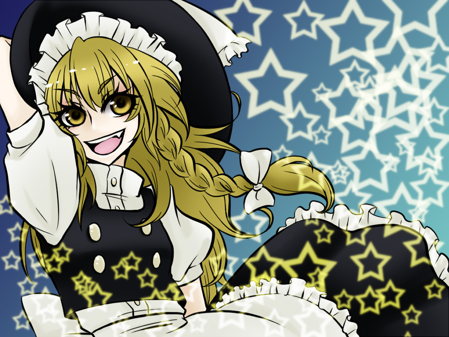 shimizu kokeshi, kirisame marisa, touhou, 1girl, blonde hair, braid, female focus, hat, long hair, solo, witch, witch hat, yellow eyes